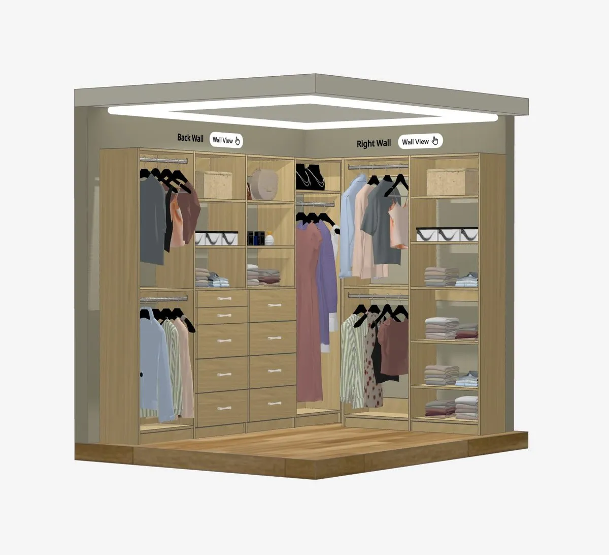 Custom 3D closet design preview showing a walk-in closet layout with shelving, drawers, and hanging rods