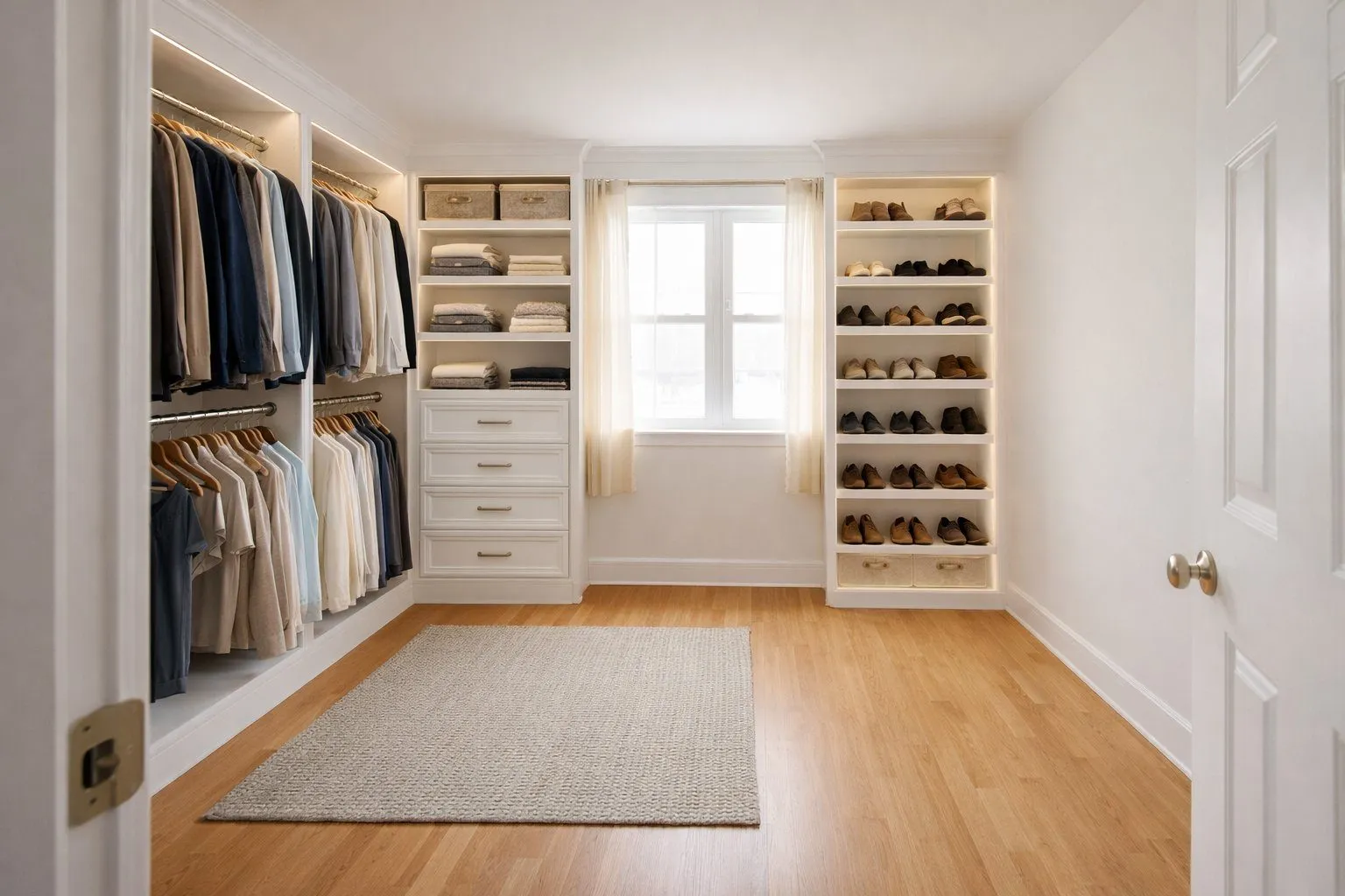 Transformed walk-in closet with white built-in system, LED shelf lighting, double hanging rods, shoe storage, and organized shelving