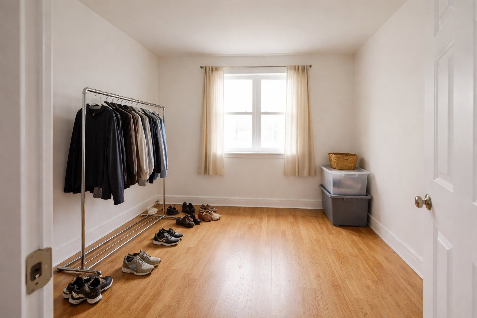 Spare bedroom with clothing rack, scattered shoes, and plastic storage bins — before custom closet installation