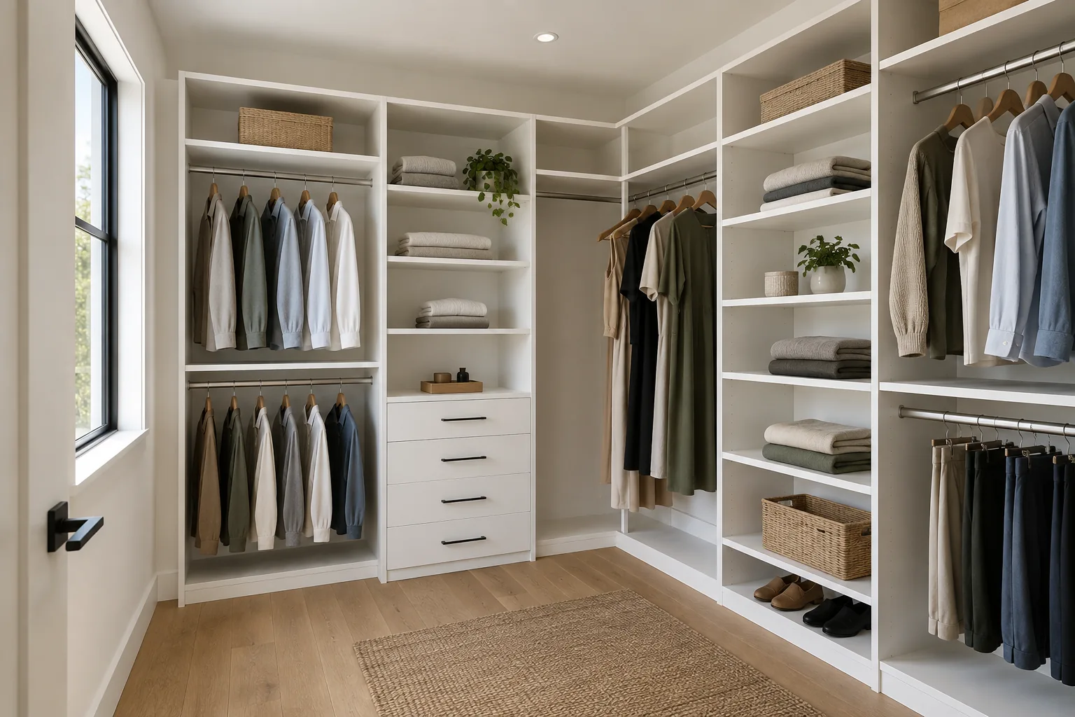 Illustrative 3D concept of a walk-in closet with hanging space, shelves, and drawers