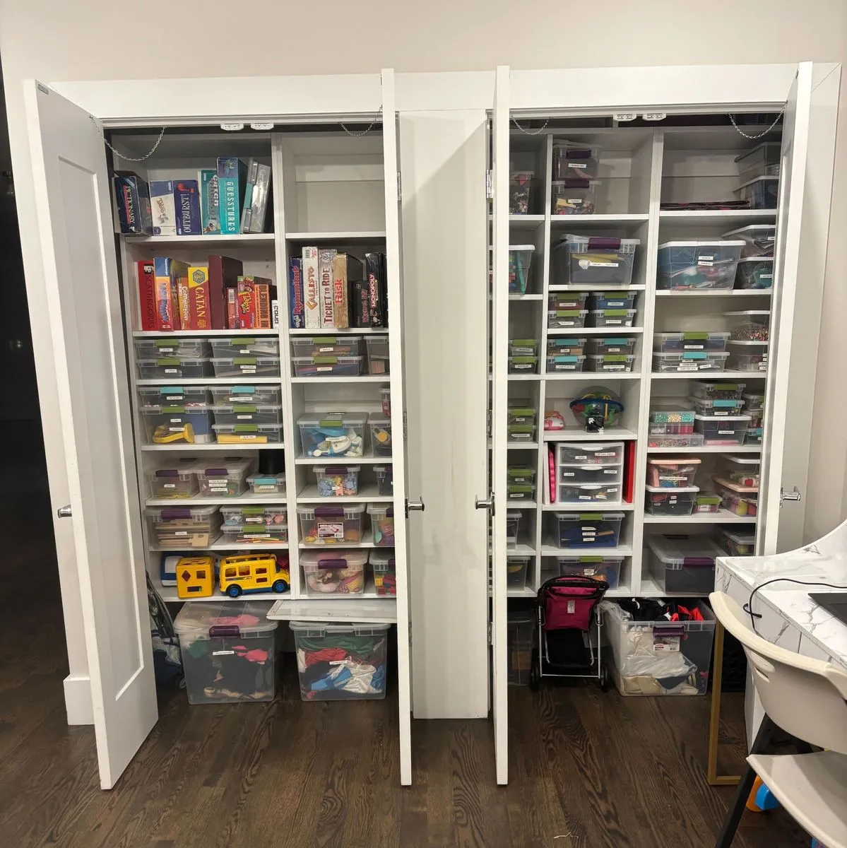 Custom craft storage closet with cubbies and bins