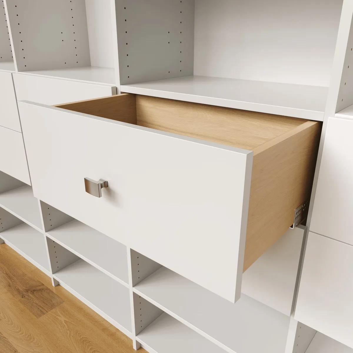 Open drawer showing hardwood dovetail construction and soft-close slides