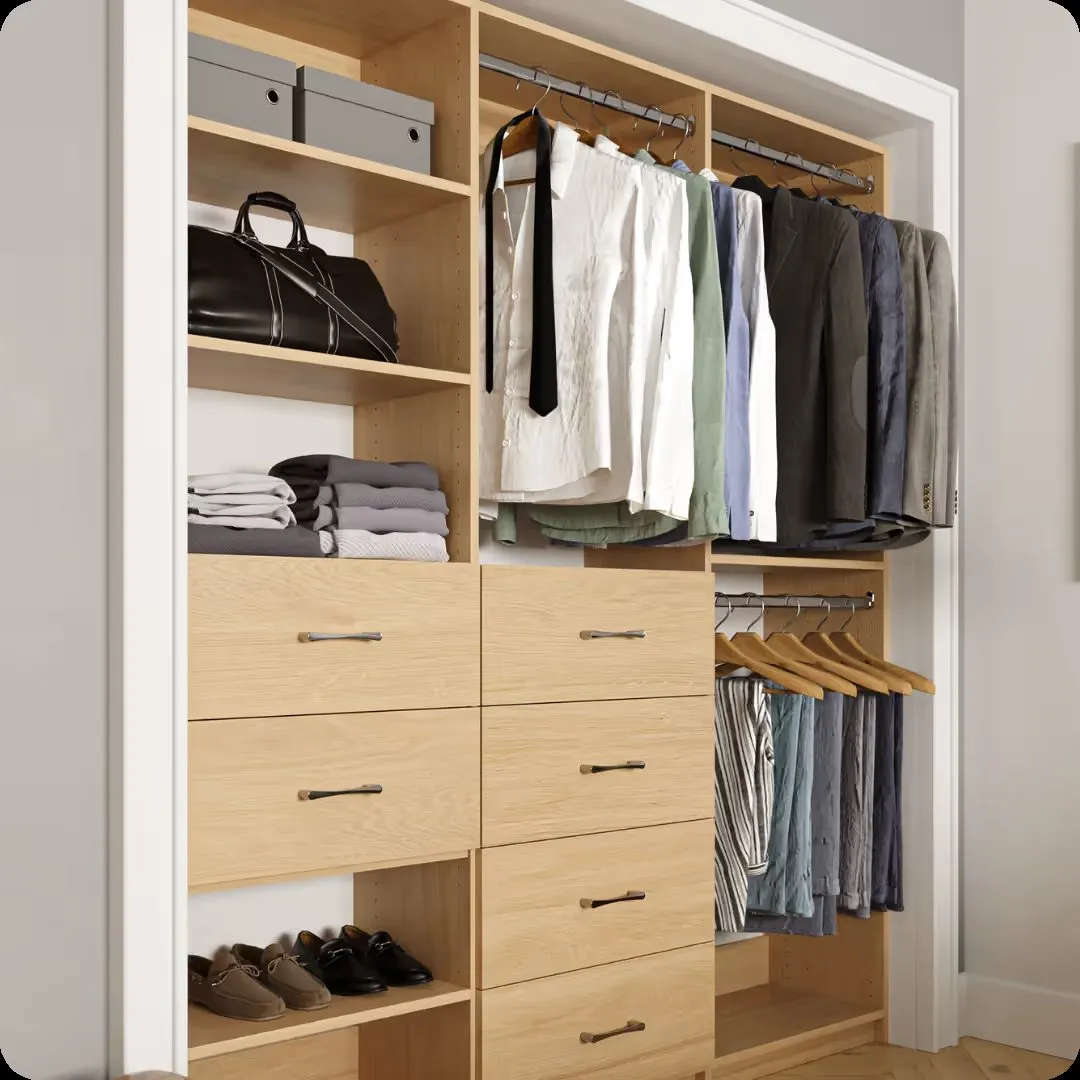 Oak reach-in closet with double hang and drawers