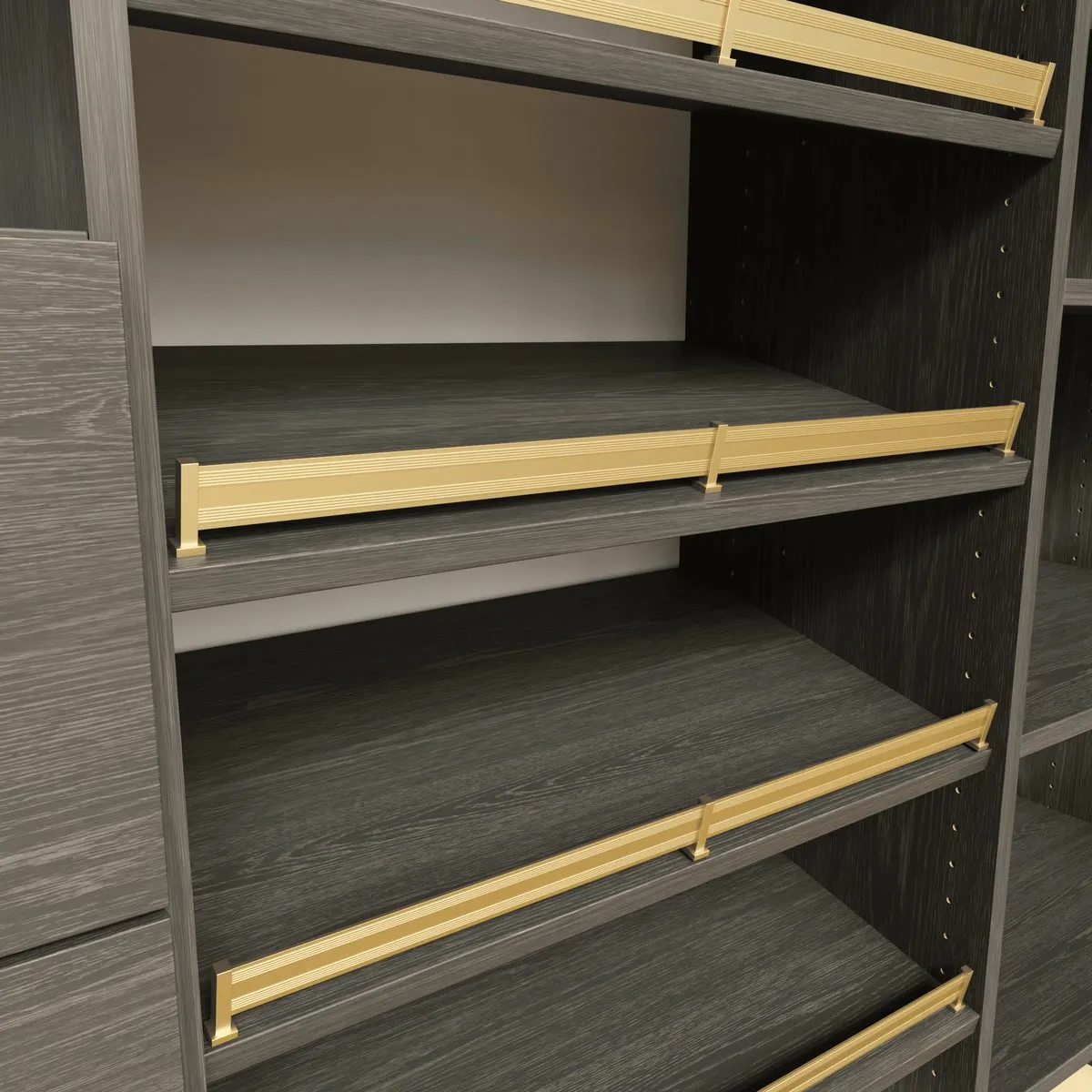 Gold shoe fences on dark closet shelves