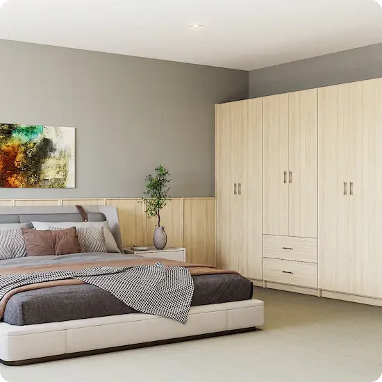 Freestanding wardrobe system in birch finish in a modern bedroom